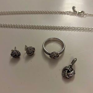 Pandora silver earrings, ring, necklace and charm knotted set